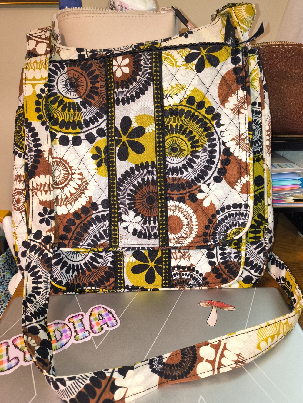 Vera Bradley Quilted Floral Pattern Crossbody Bag in Brown, Olive & Black